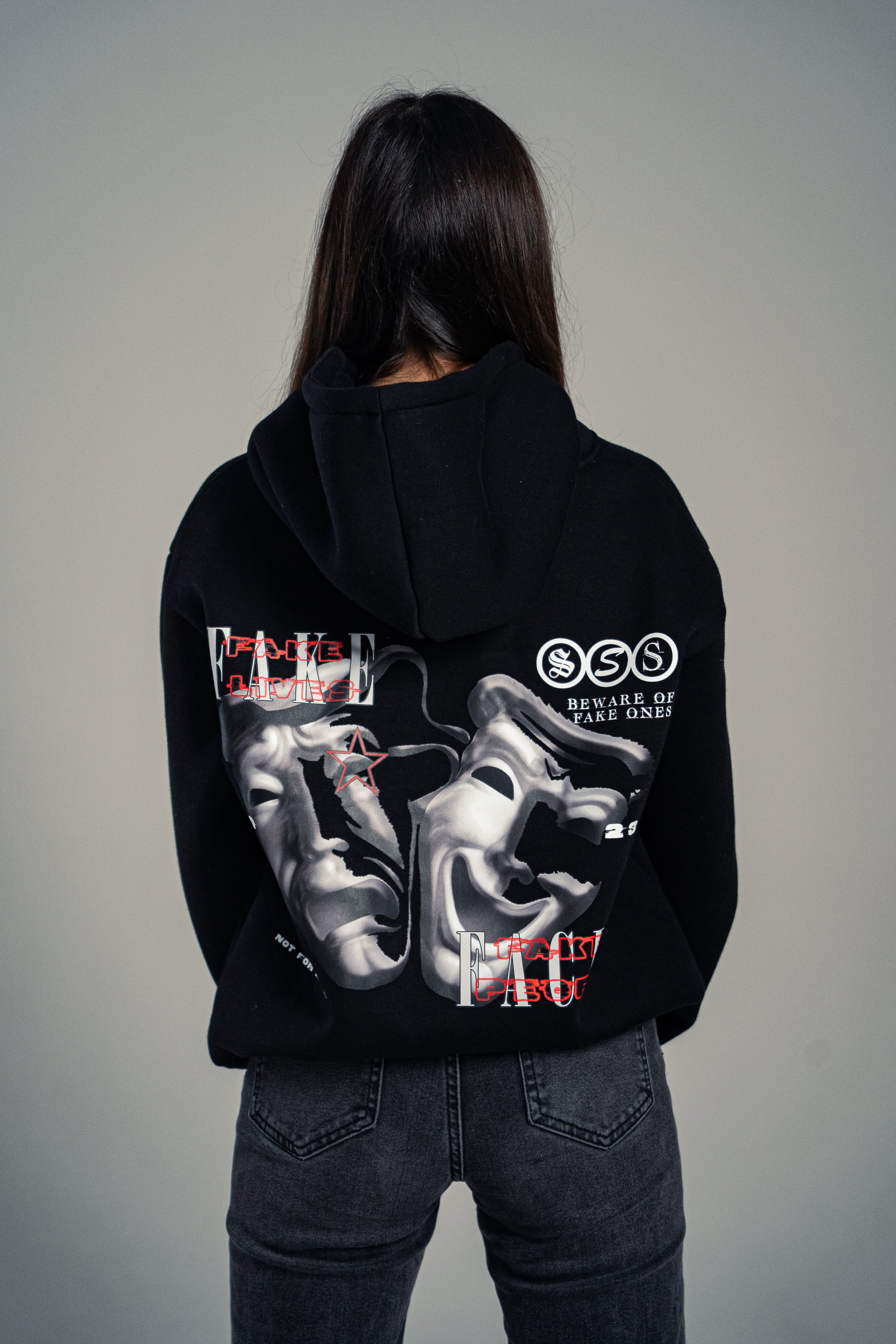 OVERSIZED WOMEN'S HOODIE-"FAKE" BLACK